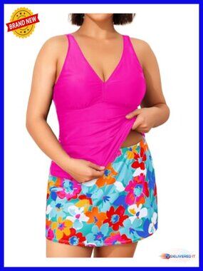Plus Size Tummy Control Tankini with Skirt Two Piece V Neck Swimsuits